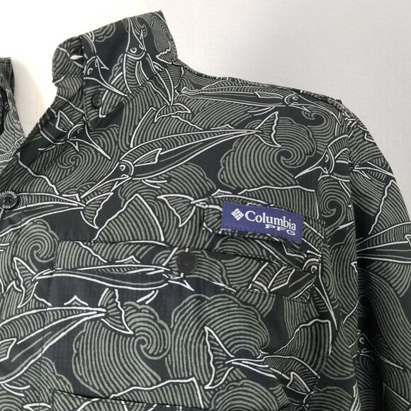 Columbia PFG Super Tamiami Shirt Mens Small Black Fish Print Omni-Shade Fishing - Picture 6 of 14
